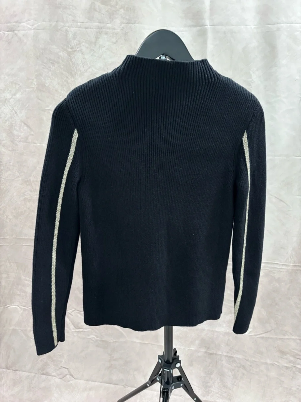 Reiss Black Ribbed Mock Neck Sweater with Silver Contrast Piping